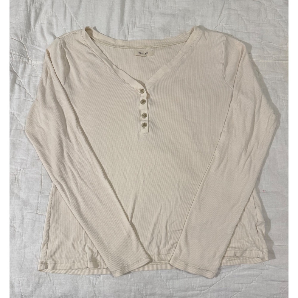 Madewell Ribbed Henley Long Sleeve Top Cream Off White V Neck Buttons XL cotton